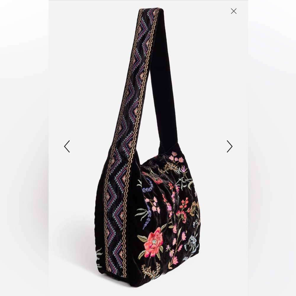 Johnny Was Black Velvet Shoulder Bag with Embroidered Floral Strap